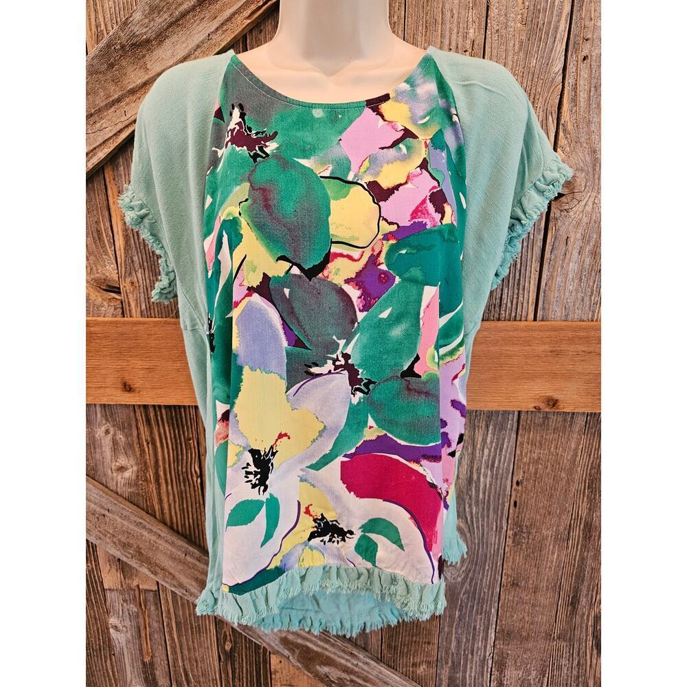 Umgee size small linen blend botique blouse tie-dye floral colorful summer ^